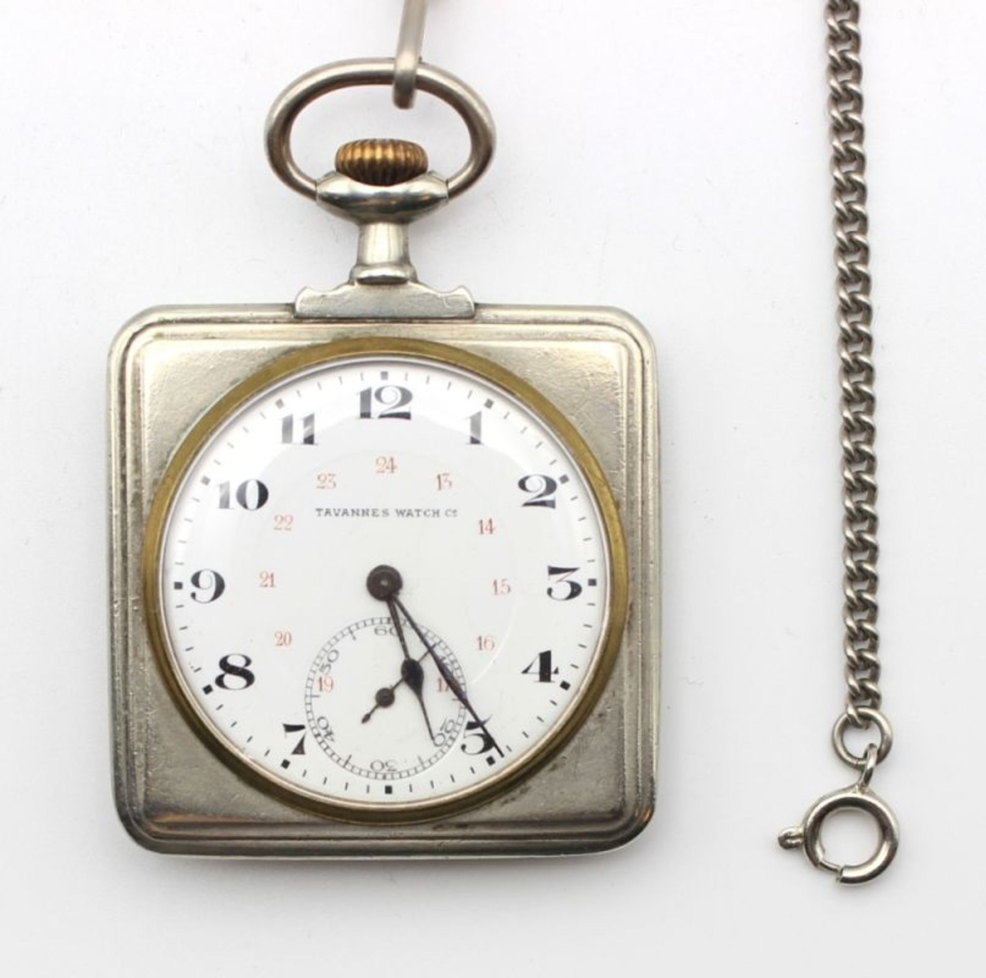 Silberne offene Reisetaschenuhr - Marke Tavannes Watch&Co. quadr. flaches Gehäuse, Brevet + 27691,