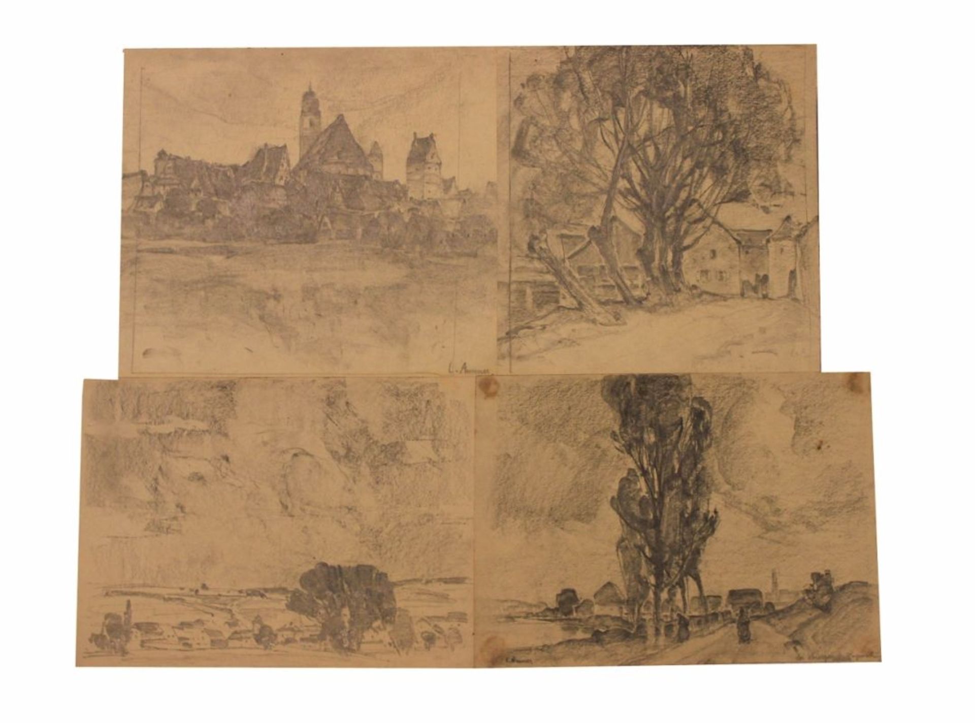Vier Zeichnungen - Karoline Ammer (1873 Landau - 1935) "Landschaften bei Regensburg (u.a.