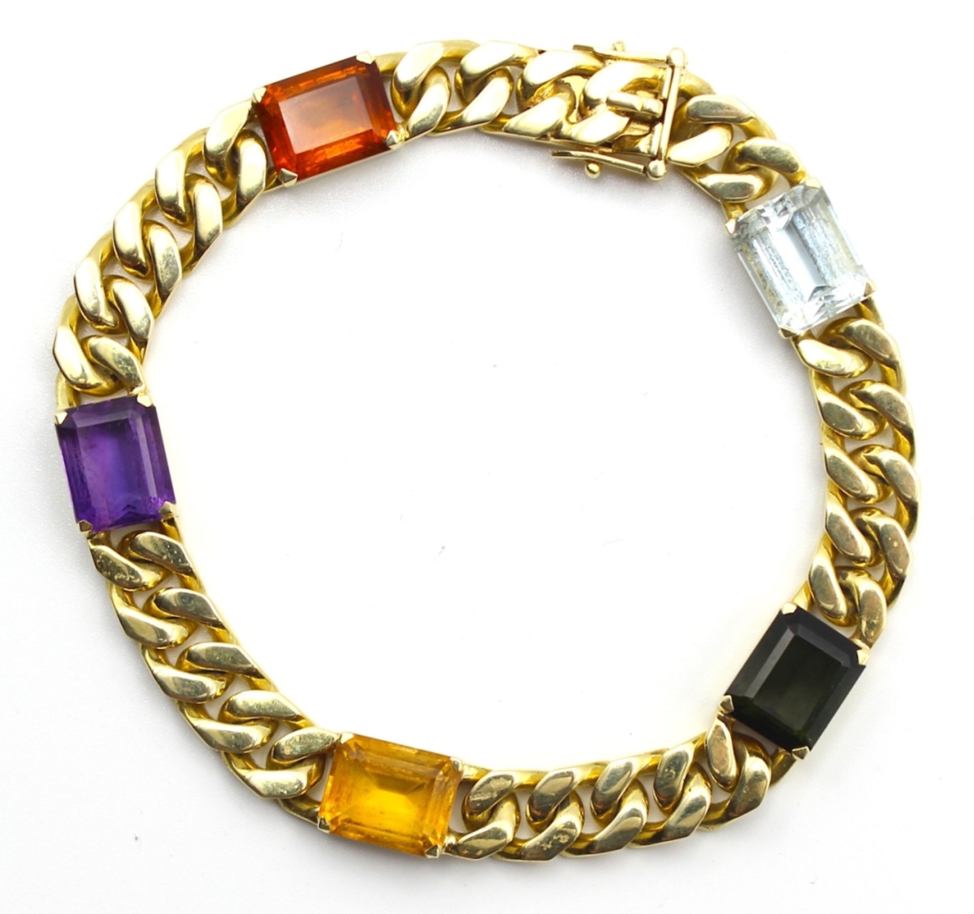 Goldenes Armband - Gelbgold gest. 585 verziert mit 5 Farbsteinen, Länge ca. 20 cm, ca. 32,2 Gramm,