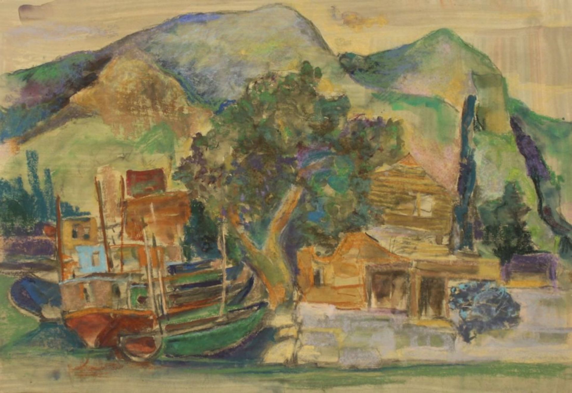 Aquarell - Oskar Matulla (1900 - 1982 Wien) "Bucht mit Gebirge", 1971, Aquarell auf Papier, Maße ca.