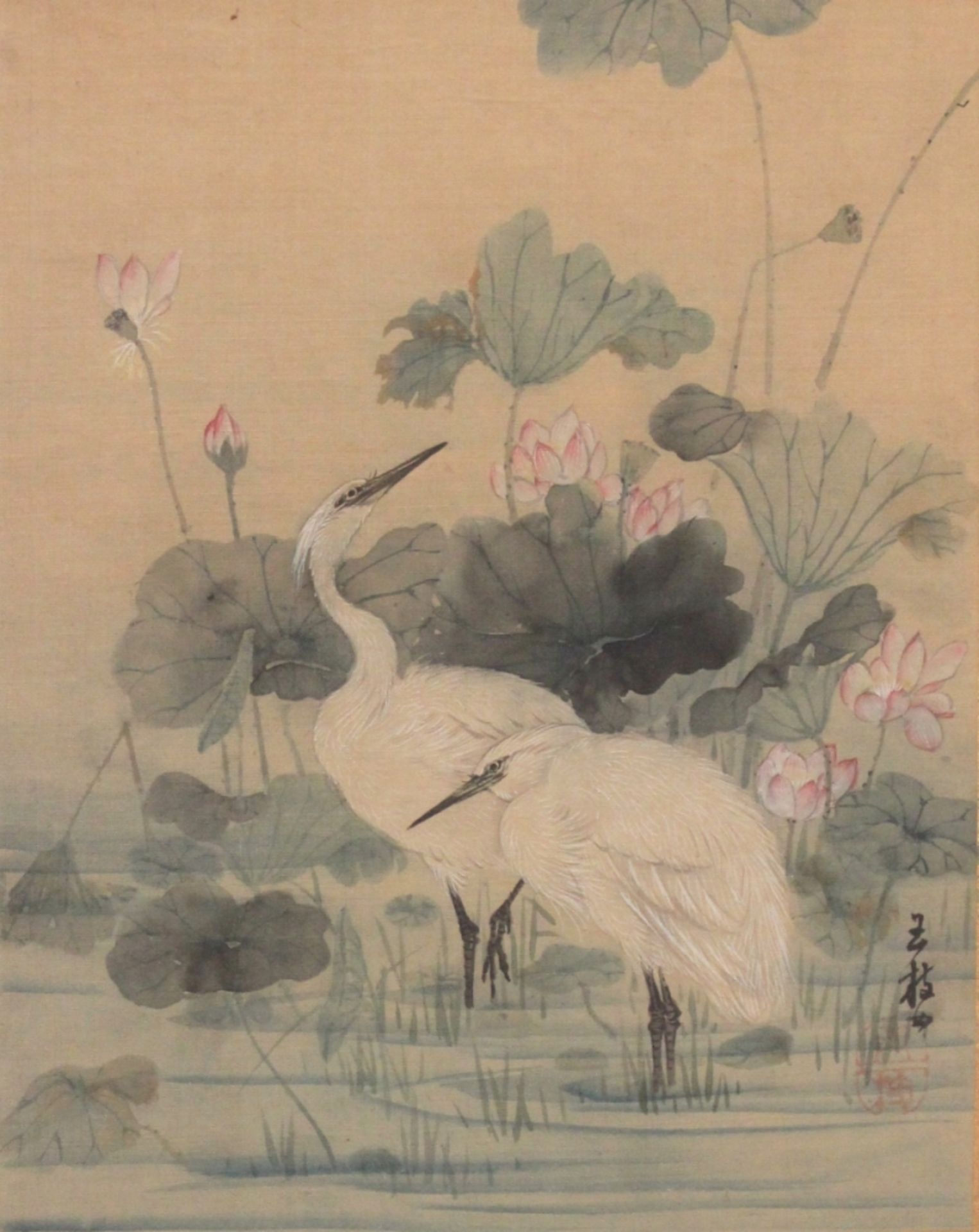 Aquarell/Tusche - wohl Gyokushi ATOMI (1859-1943 Japan) "Ideallandschaft mit zwei Fischreihern und