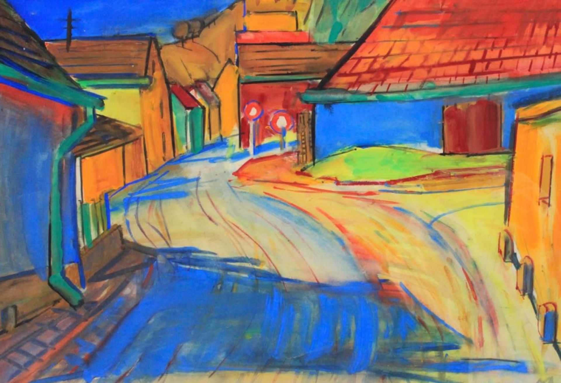 Aquarell - Josef Georg Miller (1905 Augsburg - 1983 Kallmünz) " Straßenzug mit zwei Signalzeichen ",