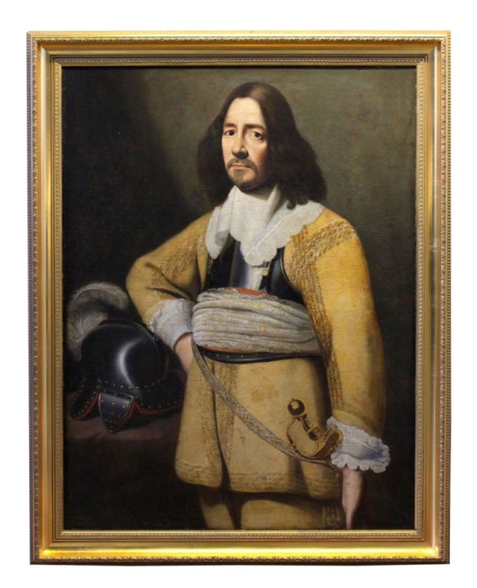 Gemälde - wohl deutsche Schule 17.Jahrhundert "Kniestück eines Adeligen mit langem braunen Haar,
