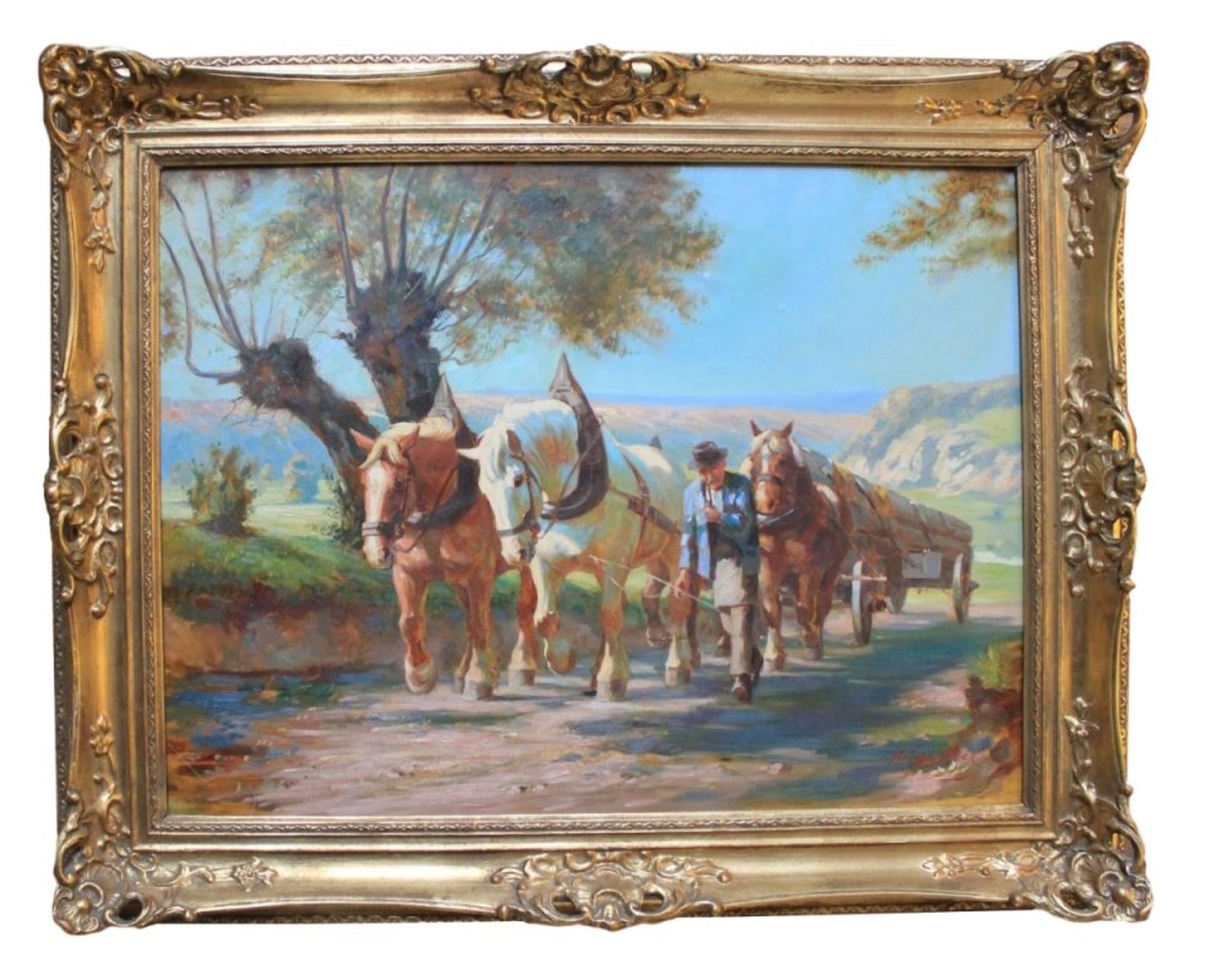 Gemälde - Hans NICKEL (1916 Böhmen -1977/Bonn) "Holzarbeiter mit zwei Pferden und Langholzwagen",