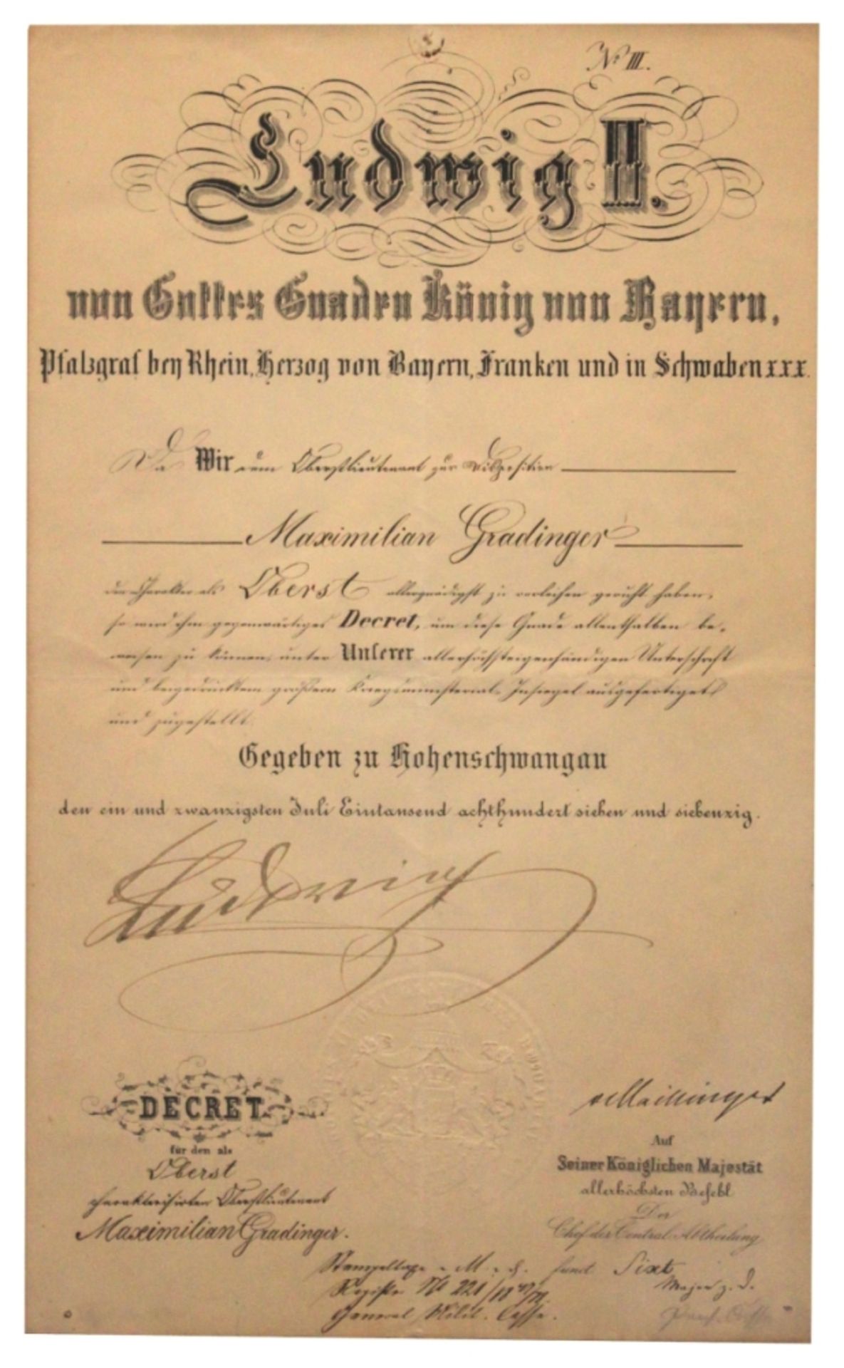 Autographen - Ludwig II König von Bayern (1845 Schloss Nymphenburg - 1886 Starnberger See) 21.Juli