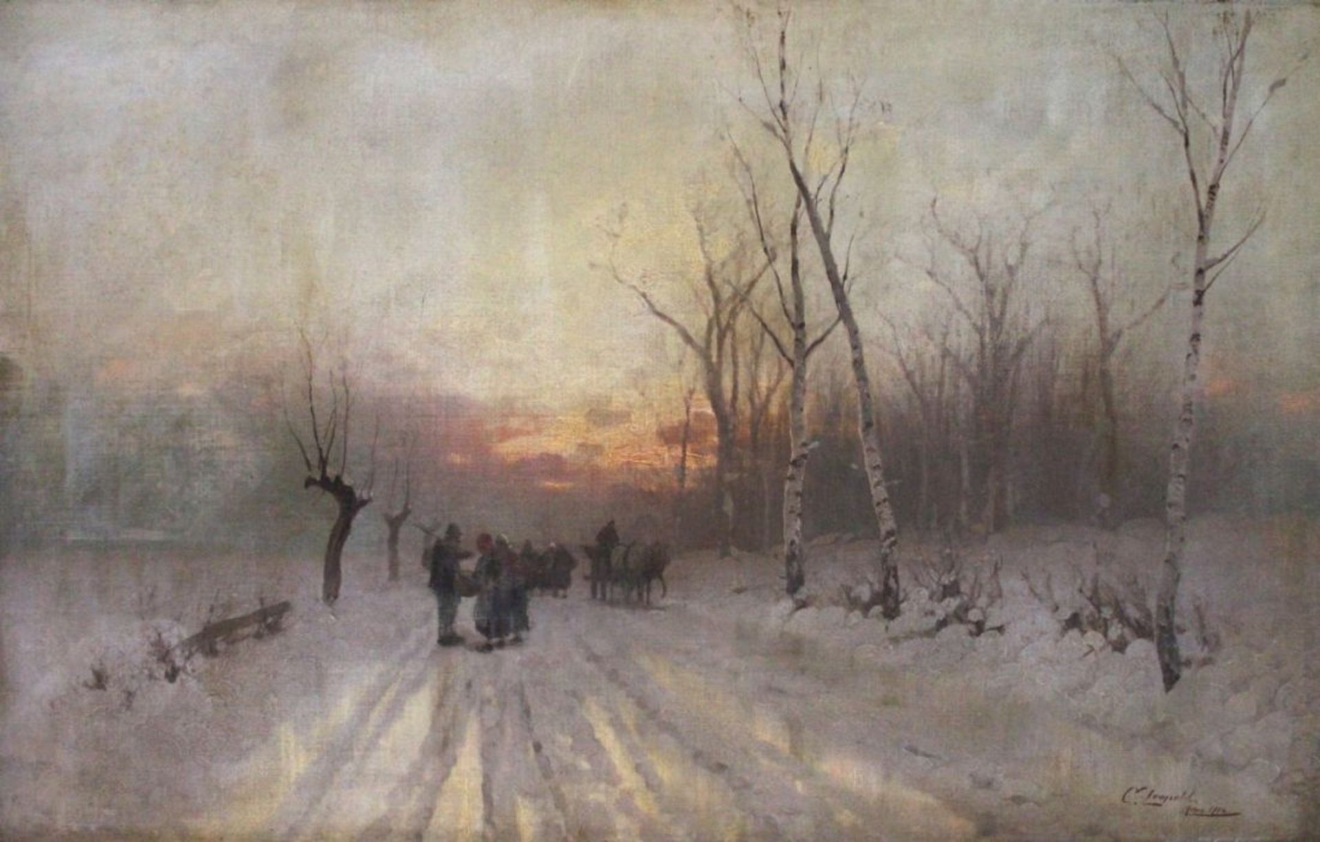 Gemälde - Carl Leopold (1860 Halle - 1946 München) "Winterlandschaft im Abendrot, im Vordergrund Weg