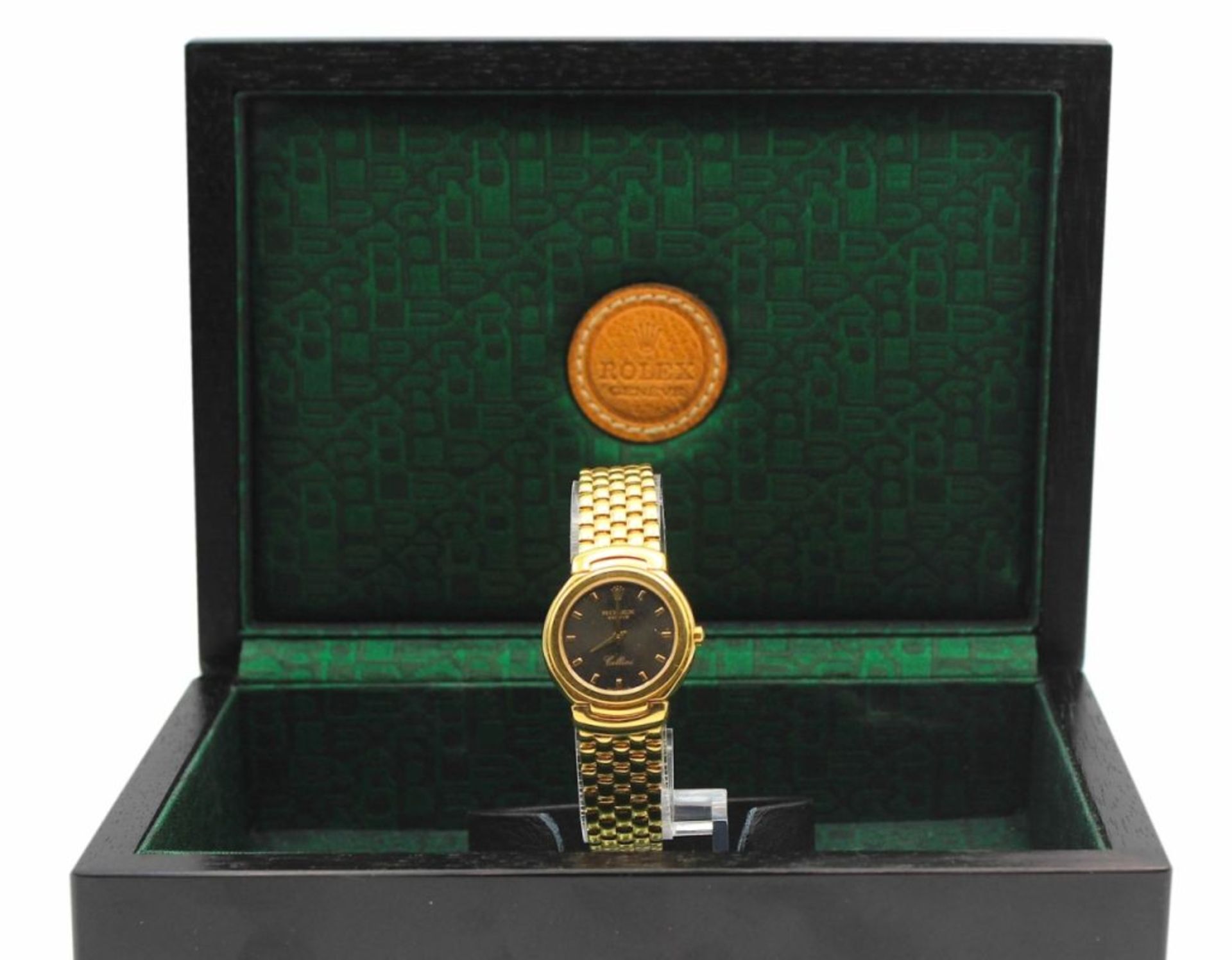 Goldene Damenarmbanduhr - Marke Rolex Geneve - Modell Cellini 18 K Gelbgold, im Rückdeckel