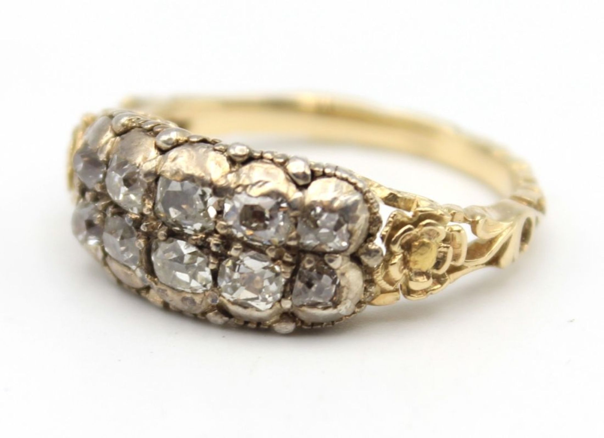 Antiker Damenring um 1900 mit 10 Altschliff-Diamanten Silber gefasst, Rosegoldfassung 14 K floral