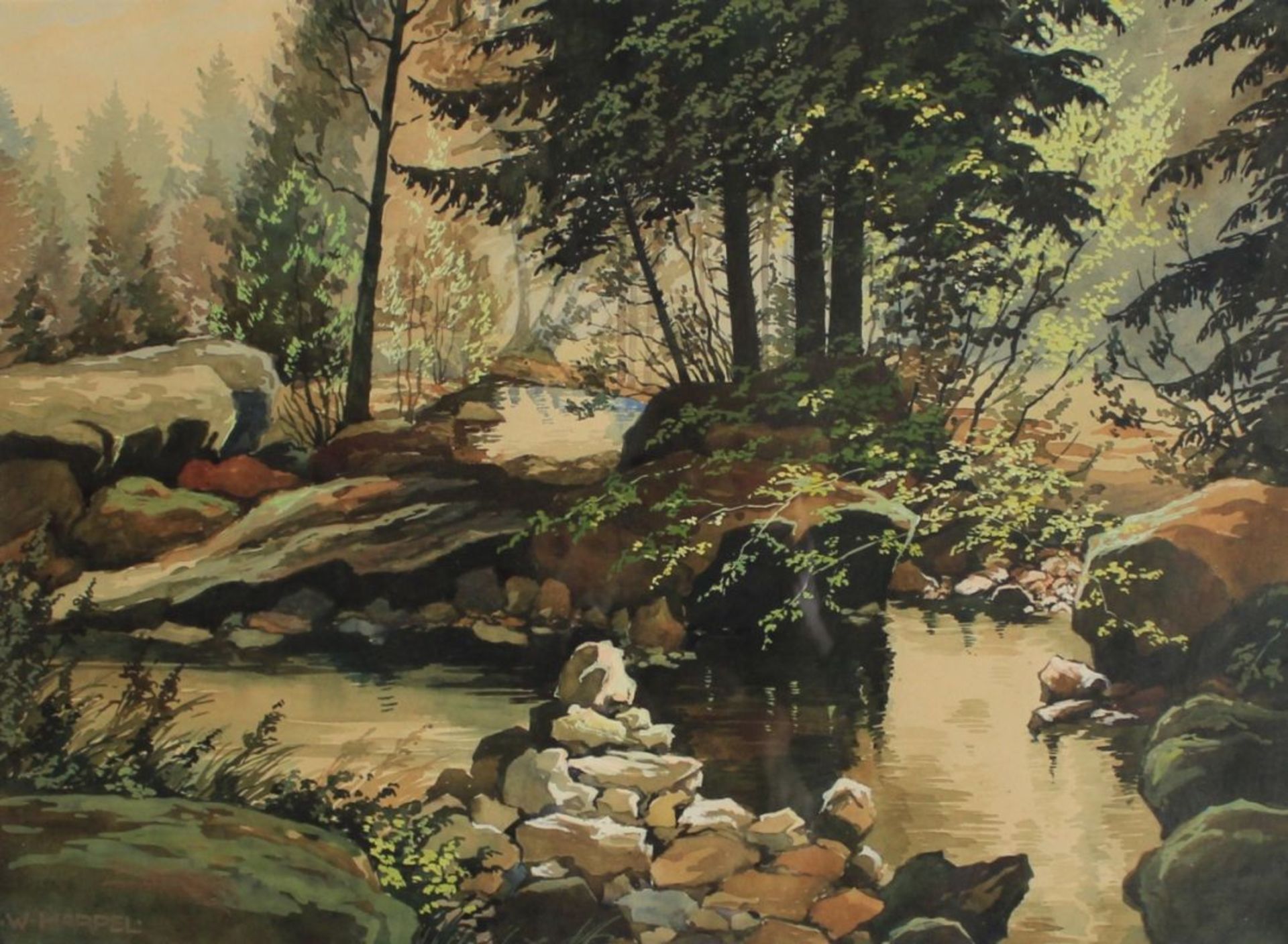 Aquarell - Walter Harpel (deutsch 20.Jahrhundert) "Waldlandschaft mit Bachlauf", l.u. signiert,