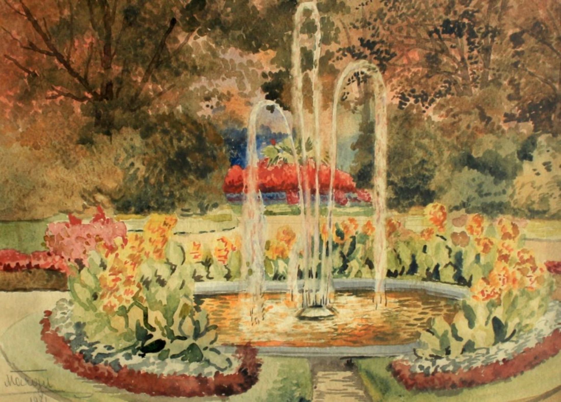 Aquarell - Fürstin Margarete von Thurn & Taxis (1870-1955 Regensburg) "Parkbrunnen", l.u. signiert