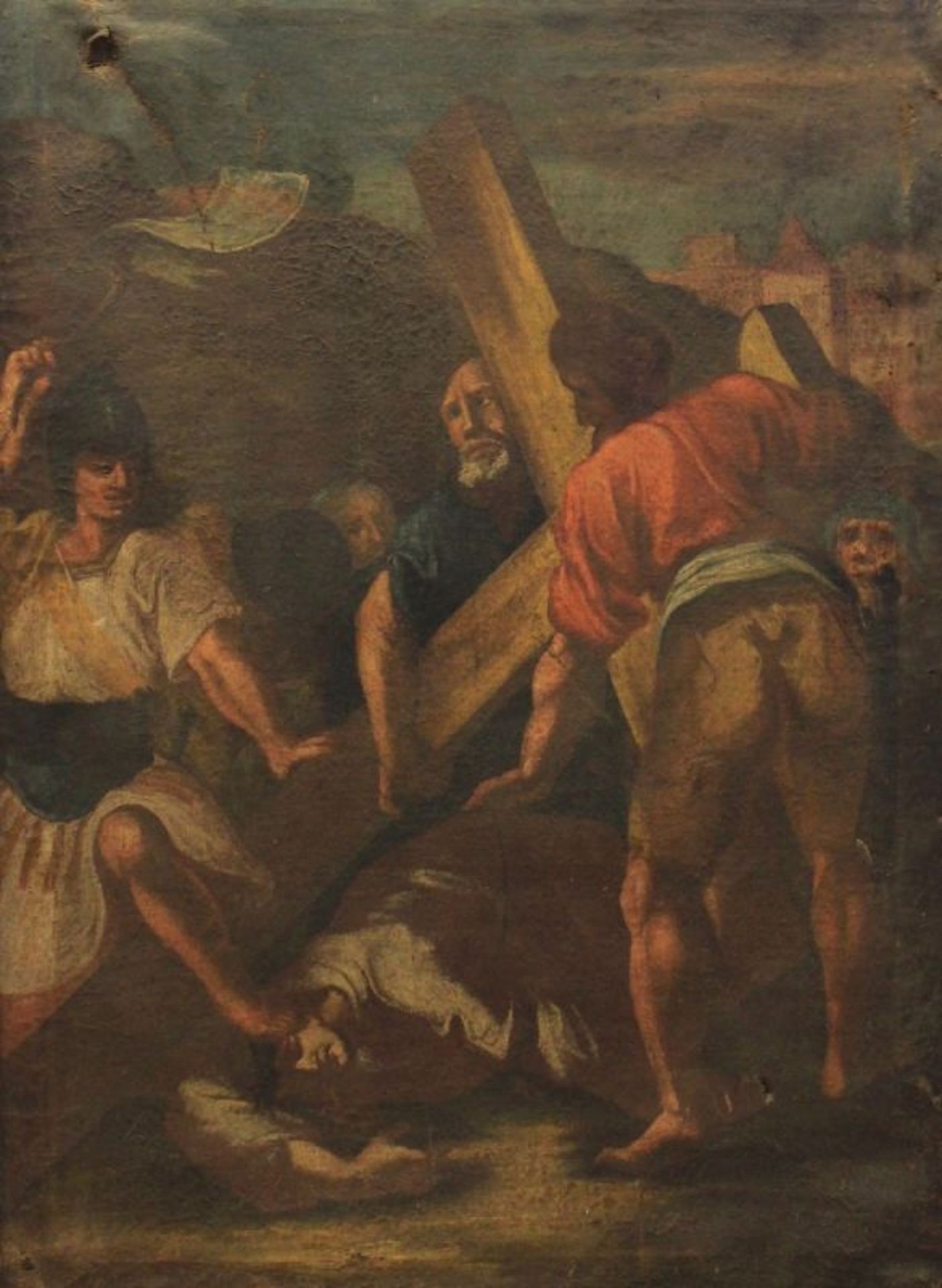 Gemälde - 18.Jahrhundert "Kreuzweg", unsigniert, Öl auf Leinwand, Maße ca. 94x67 cm, starke