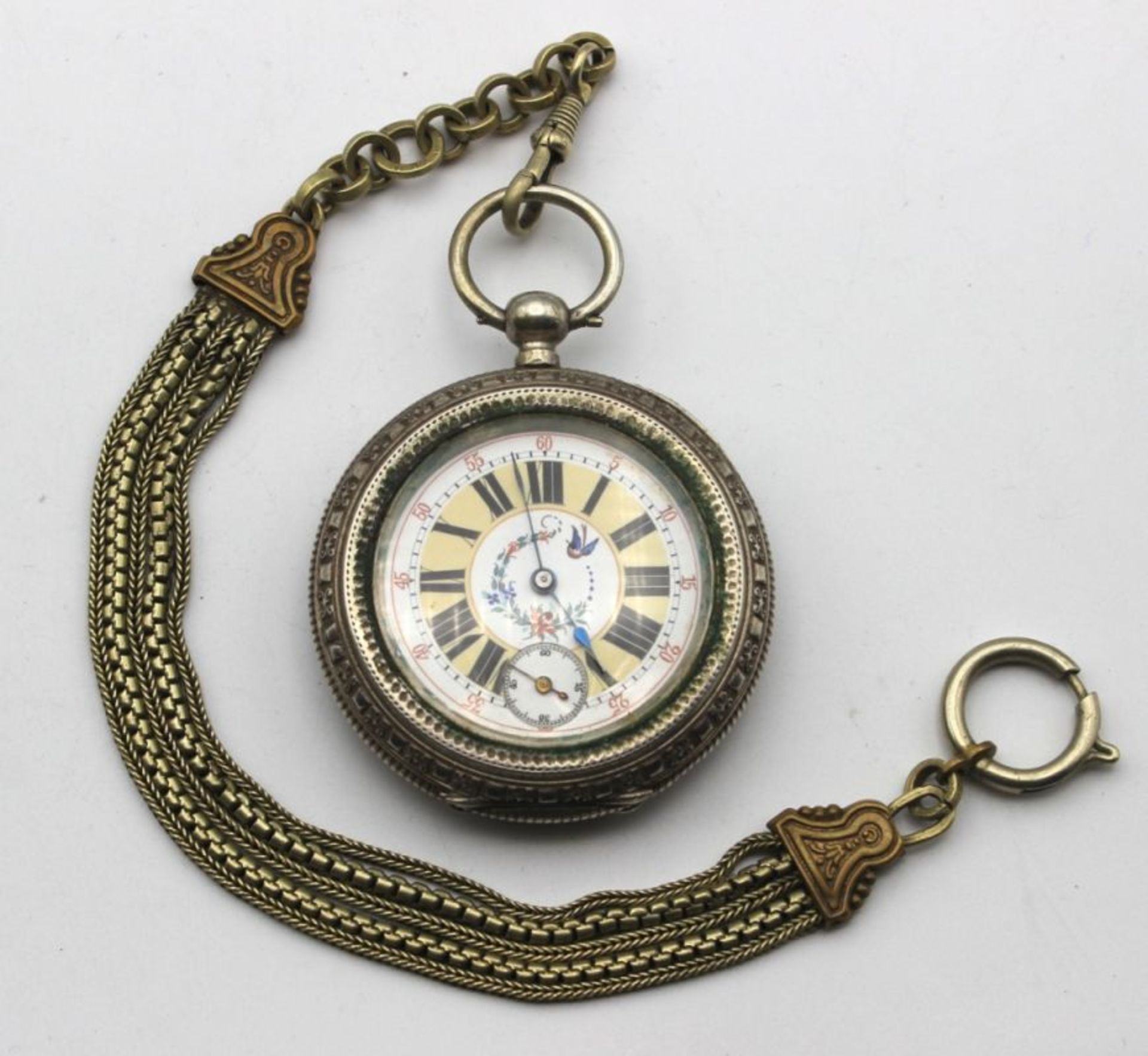 Silberne offene Trachtenuhr - Marke FP No. 3521, buntes Zifferblatt mit floralem Dekor, röm. Zahlen,