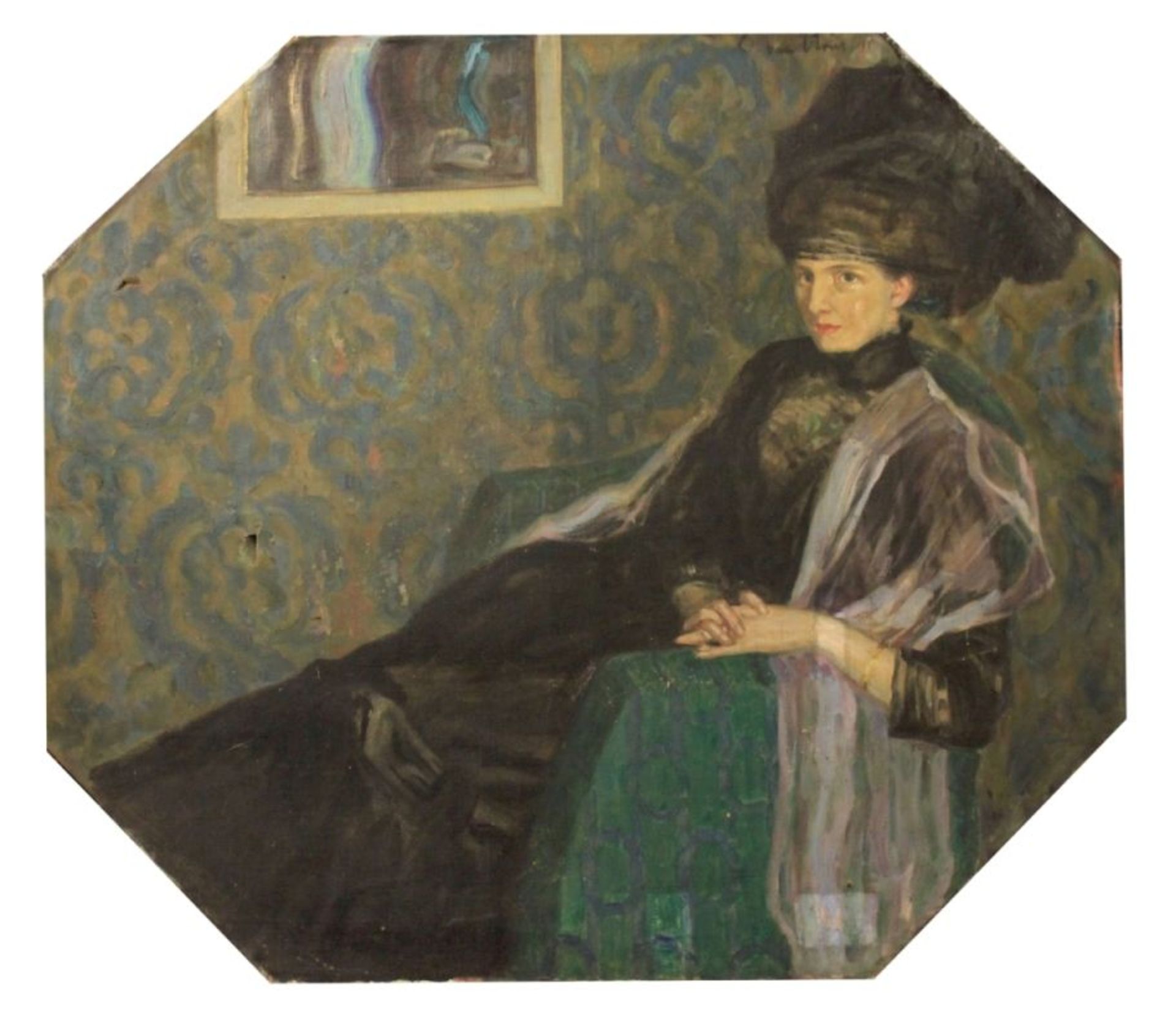 Gemälde - Art Nouveau "Sitzende Dame auf grünem Sessel, im Hintergrund gemusterte Tapete und