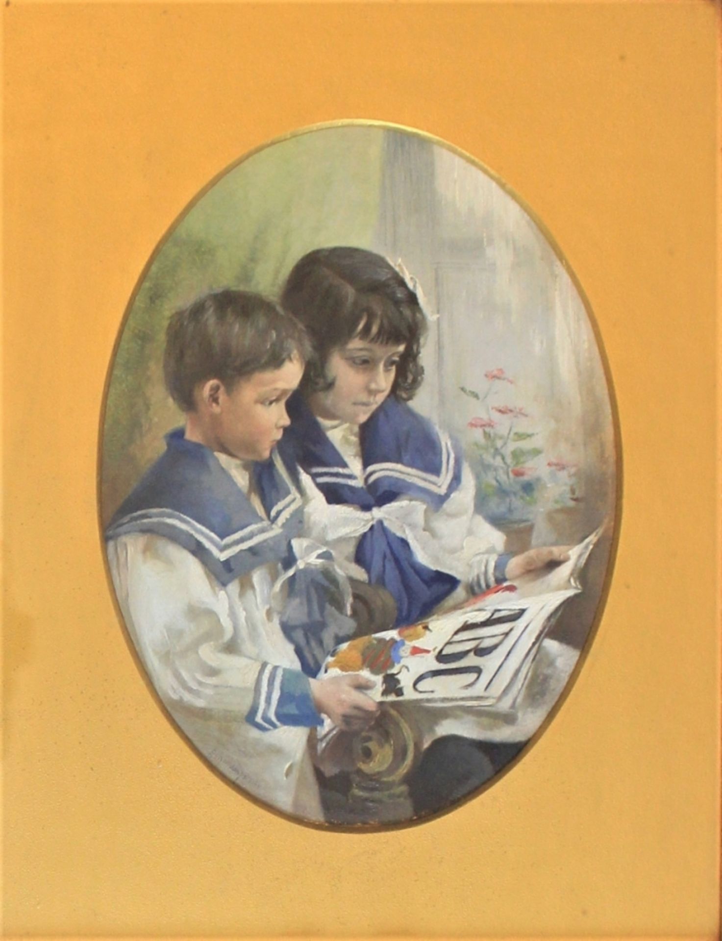 Aquarell - Janos Böhm (Ungarn 1860-1944) "Geschwister mit ABC Bilderbuch", l.u. signiert und datiert