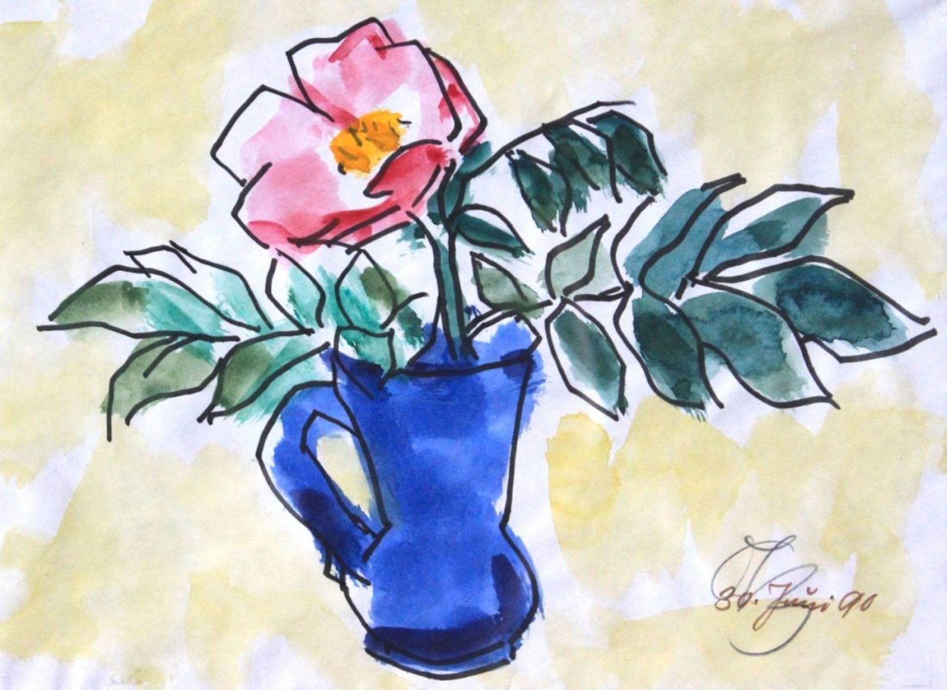 Aquarell - Otto Baumann (Regensburg 1901 - 1992) "Rose in blauer Vase", r.u. monogrammiert,