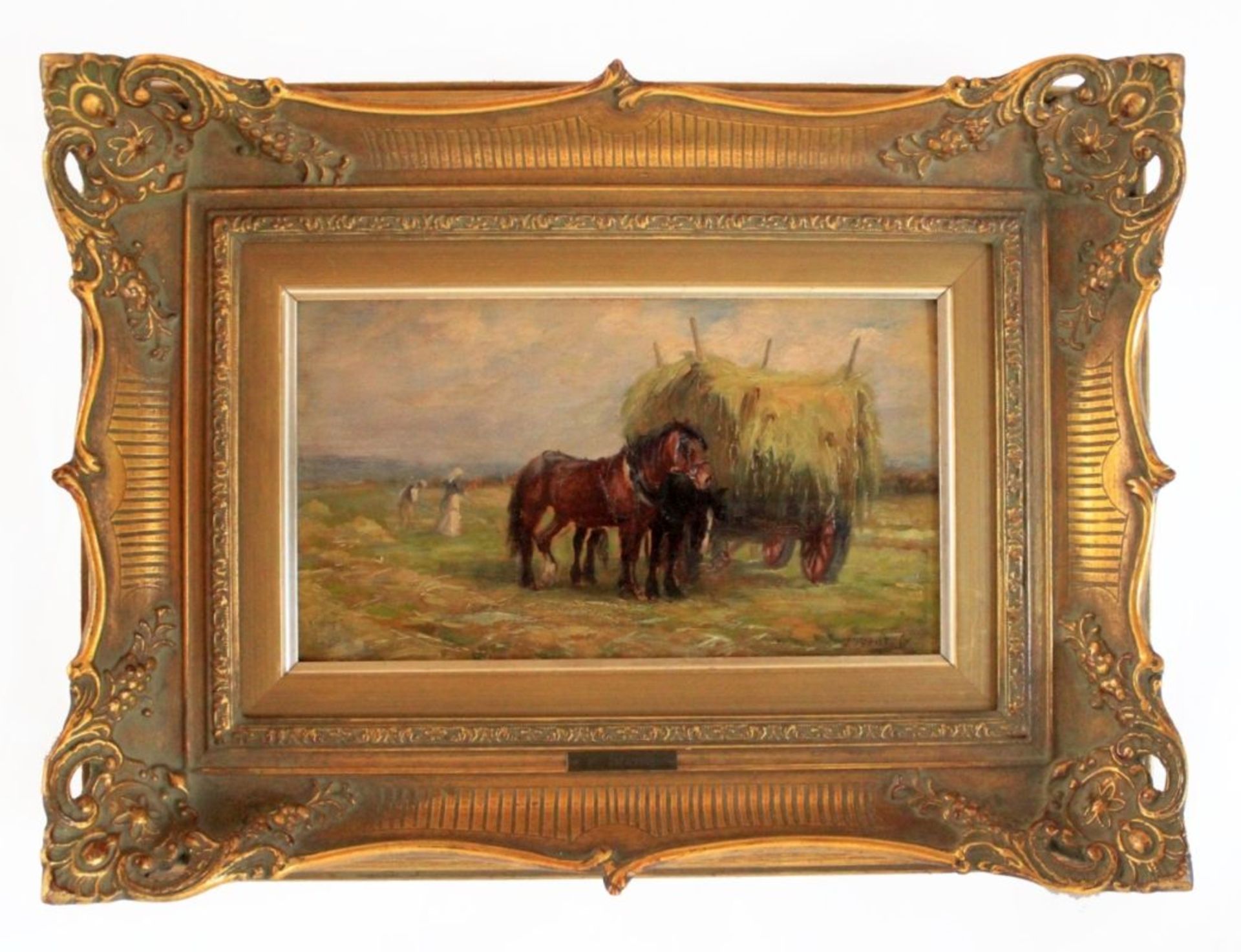 Gemälde - Percy Gravely (19./20.Jahrhundert England) "Bei der Heuernte", r.u. signiert, Öl auf Holz,