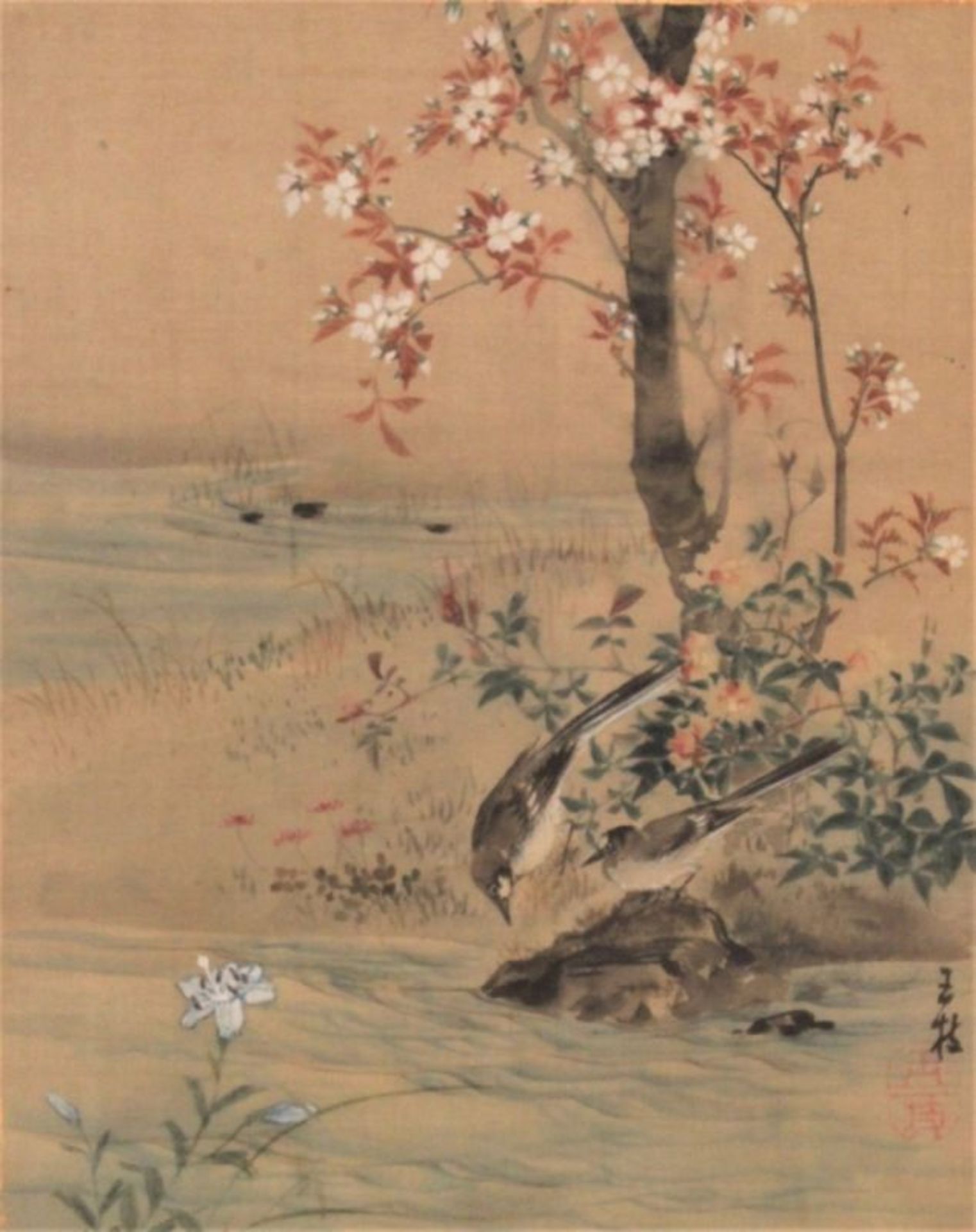 Aquarell/Tusche - wohl Gyokushi ATOMI (1859-1943 Japan) "Ideallandschaft mit zwei Vögeln, Kirschbaum