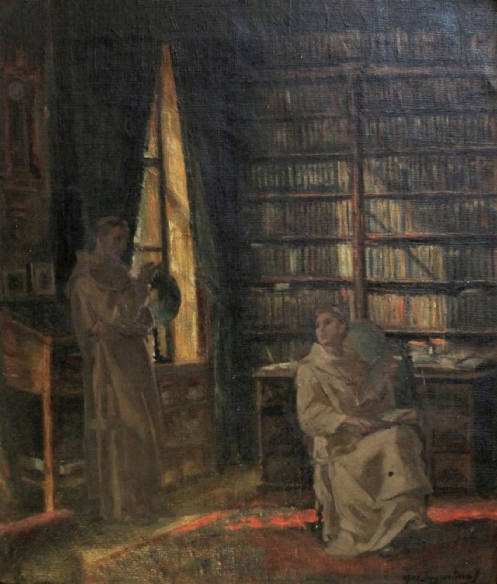 Gemälde - Anonym (19./20.Jahrhundert) "Bibliothek mit zwei Mönchen", r.u. undeutlich signiert,