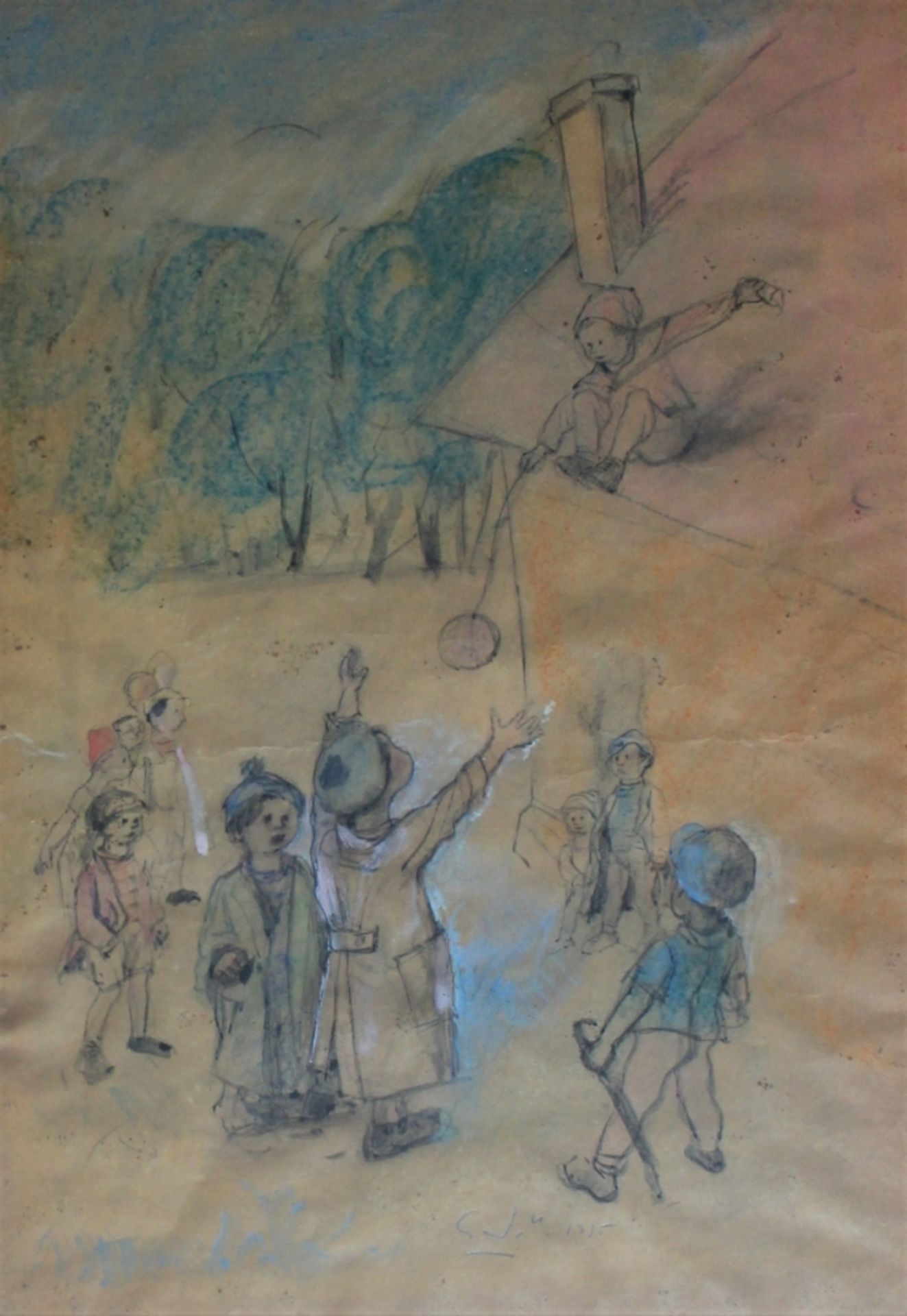 Zeichnung - Monogrammist (XX.Jahrhundert) "Kinder beim Fußball spielen", u.M. undeutlich bez. und