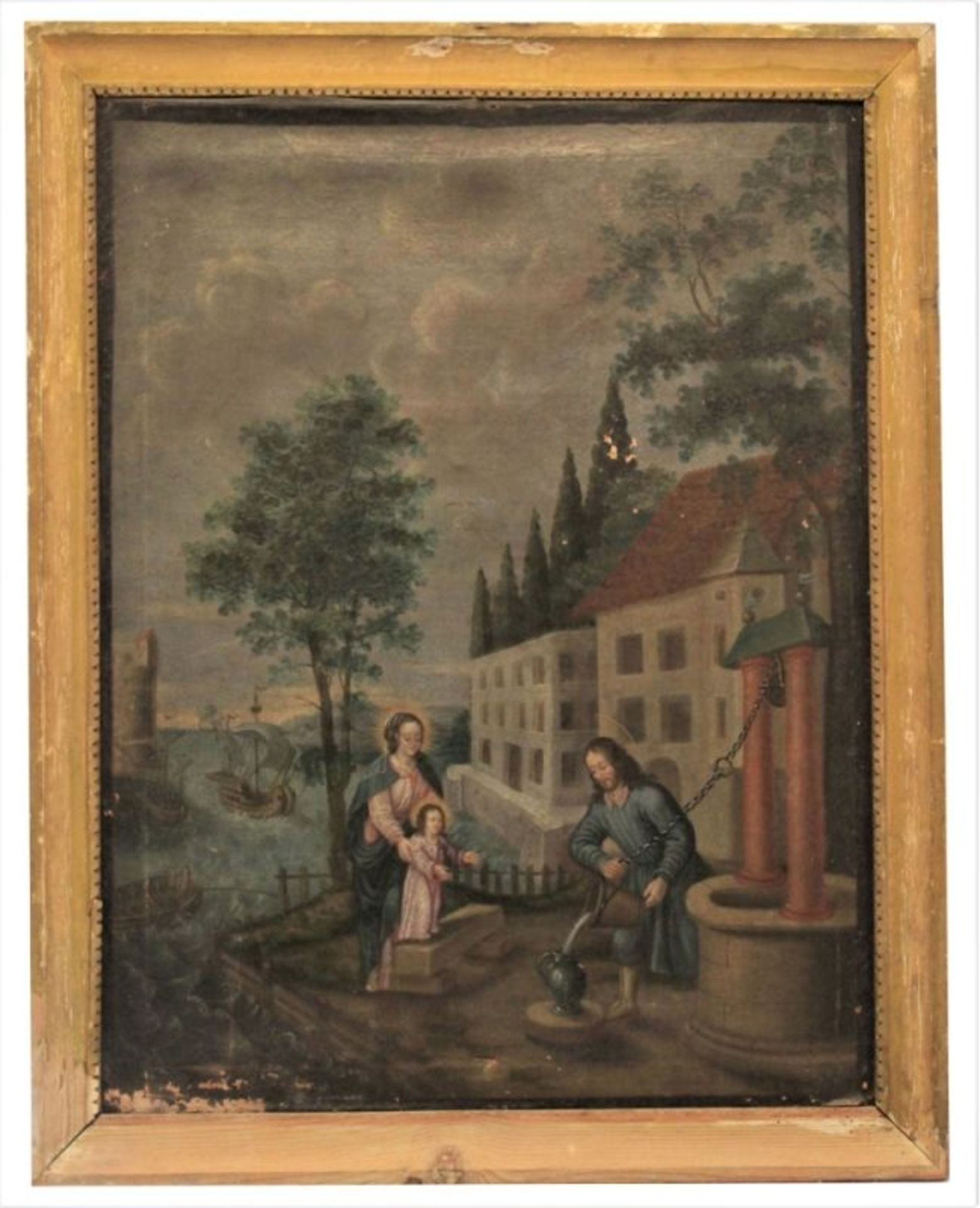 Gemälde - wohl deutsch 18.Jahrhundert "Hl. Familie vor Brunnenkulisse, im Hintergrund Hafenansicht",