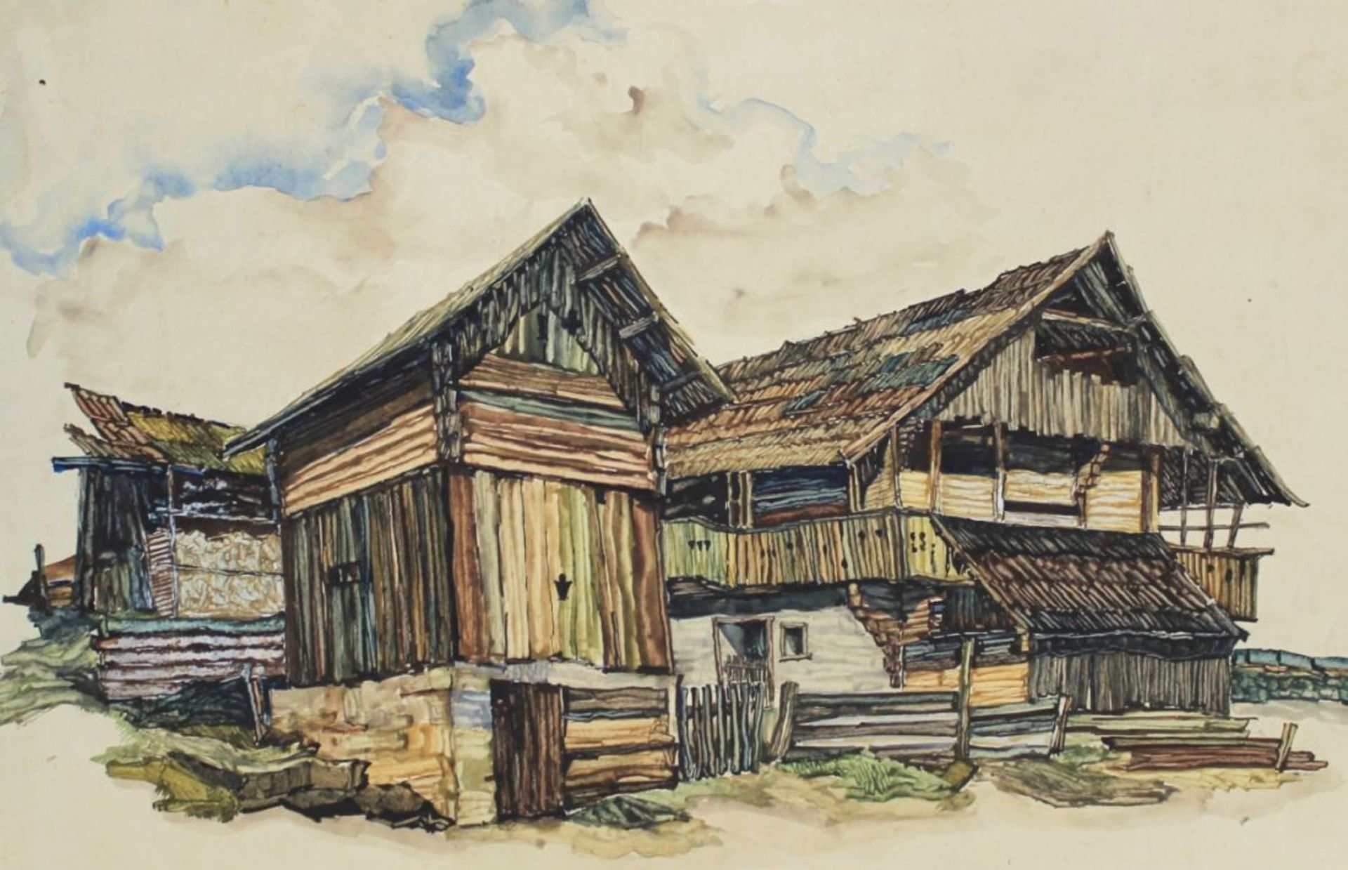 Aquarell - Oskar Matulla (1900 - 1982 Wien) "Bauernhof", lasierende Farben auf Papier, Maße