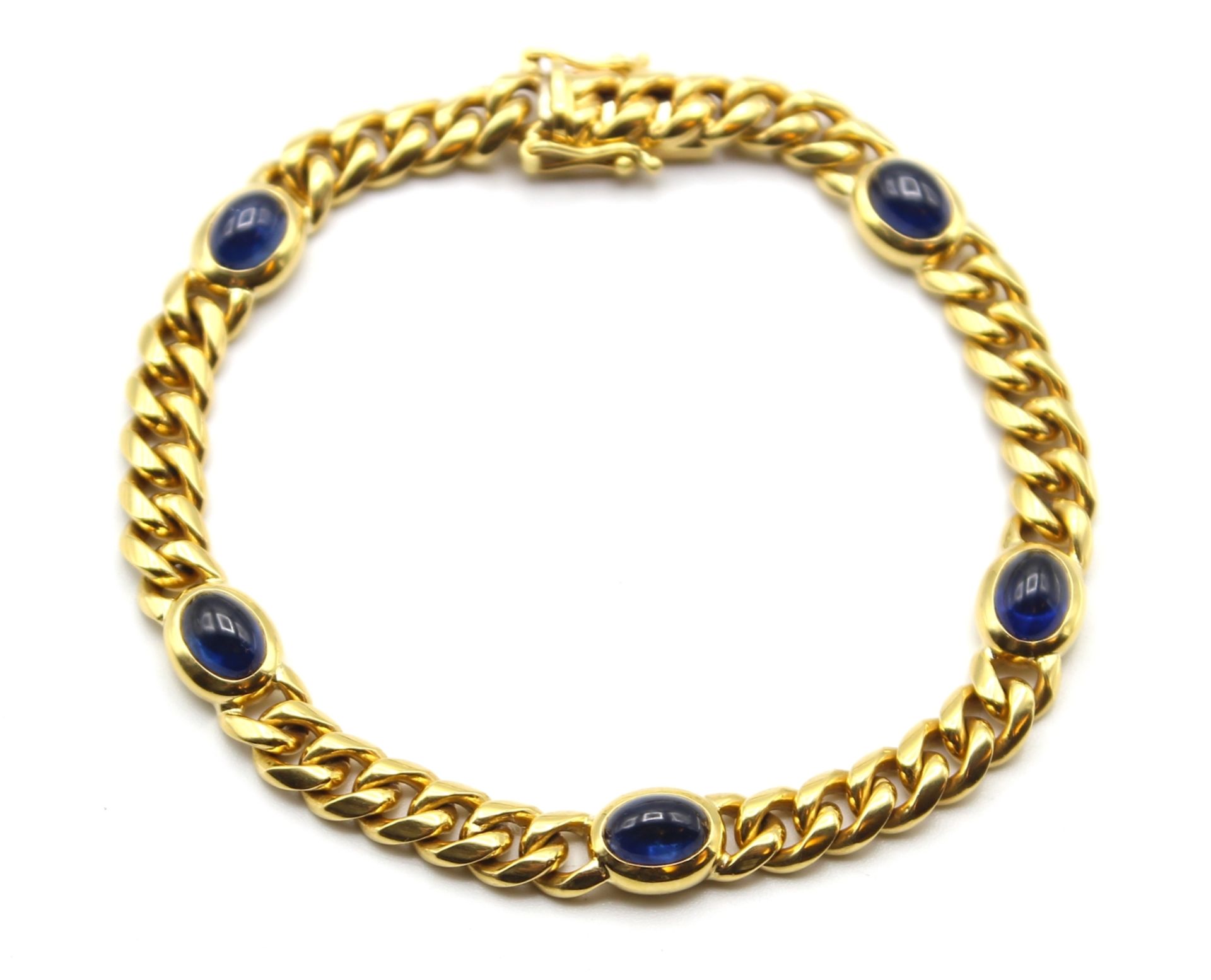 Goldenes Panzerarmband - Gelbgold gest. 750 verziert mit 5 Saphircabochons (zus. ca. 7,84 ct.),