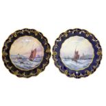 W E J Dean for Royal Crown Derby, a pair of marine painted plates, 1902