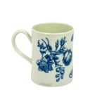 A Worcester blue and white transfer printed mug, circa 1760