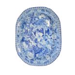 A large Staffordshire blue and white transfer printed meat platter, Flora pattern, circa 1820