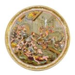 A Naples, Capodimonte type relief moulded plate, The Sack of Troy