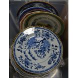 Plates including 18th century Chinese blue and white, Royal Crown Derby Imari etc.