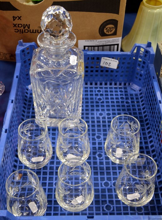 An English cut glass spirit decanter and six hand etched glasses