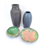 Upchurch Pottery, two bowls with green dripped glazes, and two ribbed vases with purple dripped glaz