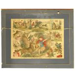 A framed Victorian wooden jigsaw puzzle depicting scenes from RED RIDING HOOD (Brothers Grimm) with