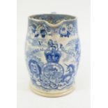 A Victorian pearlware Imperial Measure jug, with transfer printed coat of arms in a romantic scene,