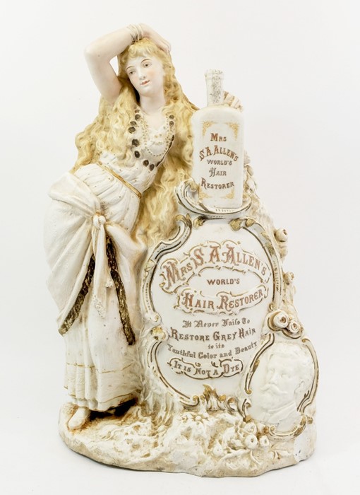 A bisque advertising display figurine for Mrs S.A.Allens Worlds Hair Restorer - It never fails to Re