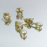 Two pairs of pearl and diamond earrings