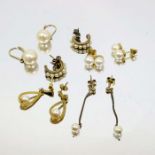 Five pairs of pearl and gold earrings