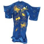 A Chinese blue silk Kimono robe with raised gold braid dragons