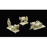 Three 19th century Indian ivory figure groups of farm animals