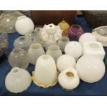 Assorted white glass shades, a cut glass shade and