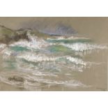 † Geoffrey Underwood (British, 1927-2000), Breaks Breaking Porthmeor Beach St. Ives, pastel, togethe