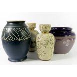 Four Langley Art Pottery vases, including a pair incised and moulded with painted riverside views