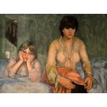 Caroline Elkington, Two Girls in a Bedroom Interior, oil on canvas, signed, 46cm x 62cm, framed