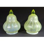 John Walsh Walsh for W A S Benson, a pair of Arts and Crafts straw opal and opaque threaded glass li
