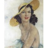 An oil portait painting of a lady in a large sun hat