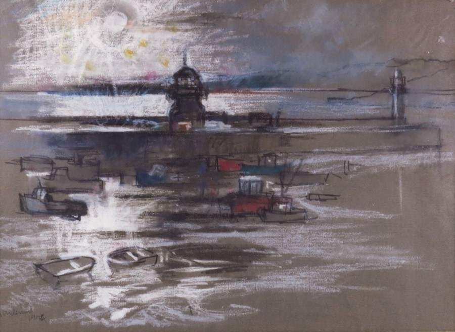 † Geoffrey Underwood (British, 1927-2000), Sunrise St. Ives Harbour, pen & crayon, signed and dated