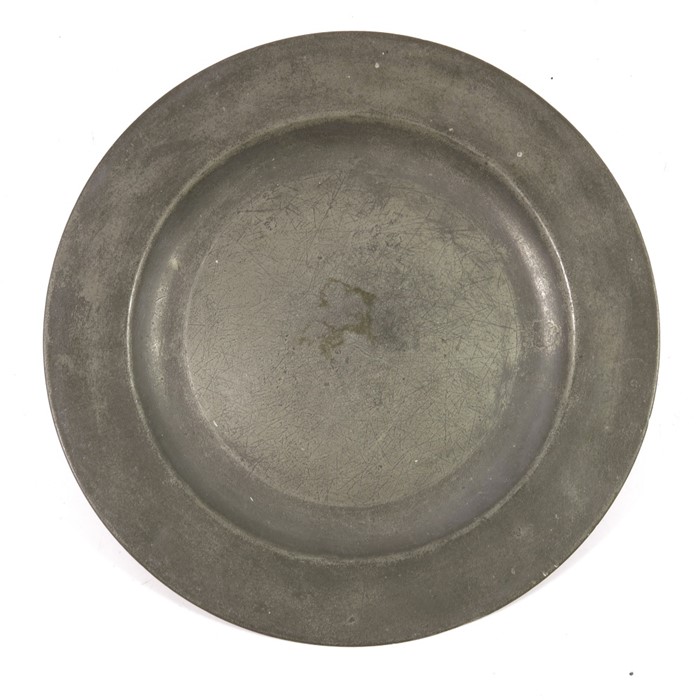 A George II pewter plain rimmed plate, Thomas Scattergood (Cotterell 4139), circa 1736