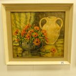 H E Foster, framed oil on canvas, still life with