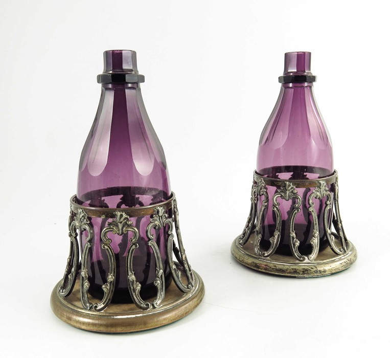 A pair of William IV amethyst glass decanters in original Old Sheffield Plate coasters - Image 2 of 9